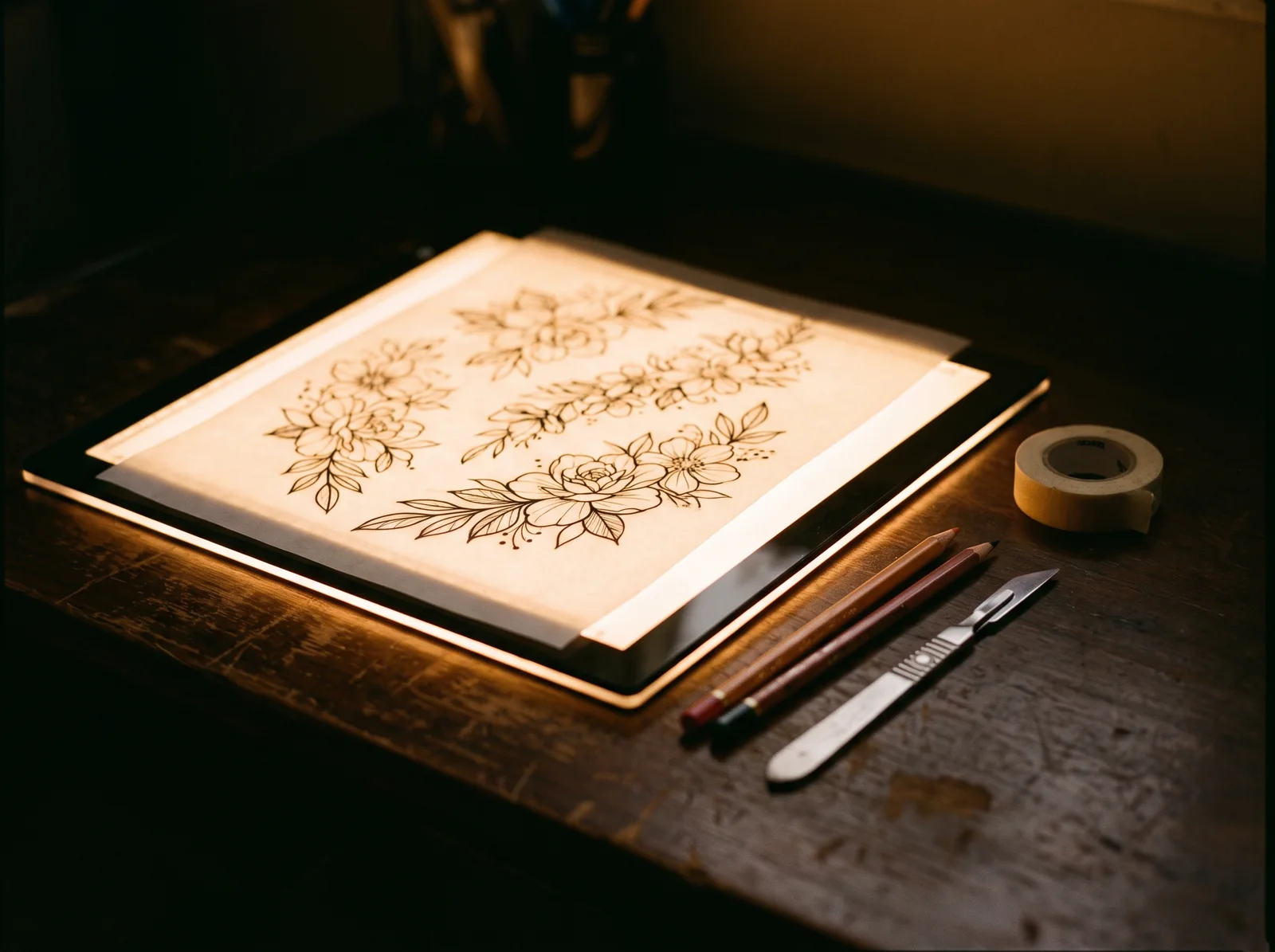A custom stencil on a light box beside pencils and a scalpel
