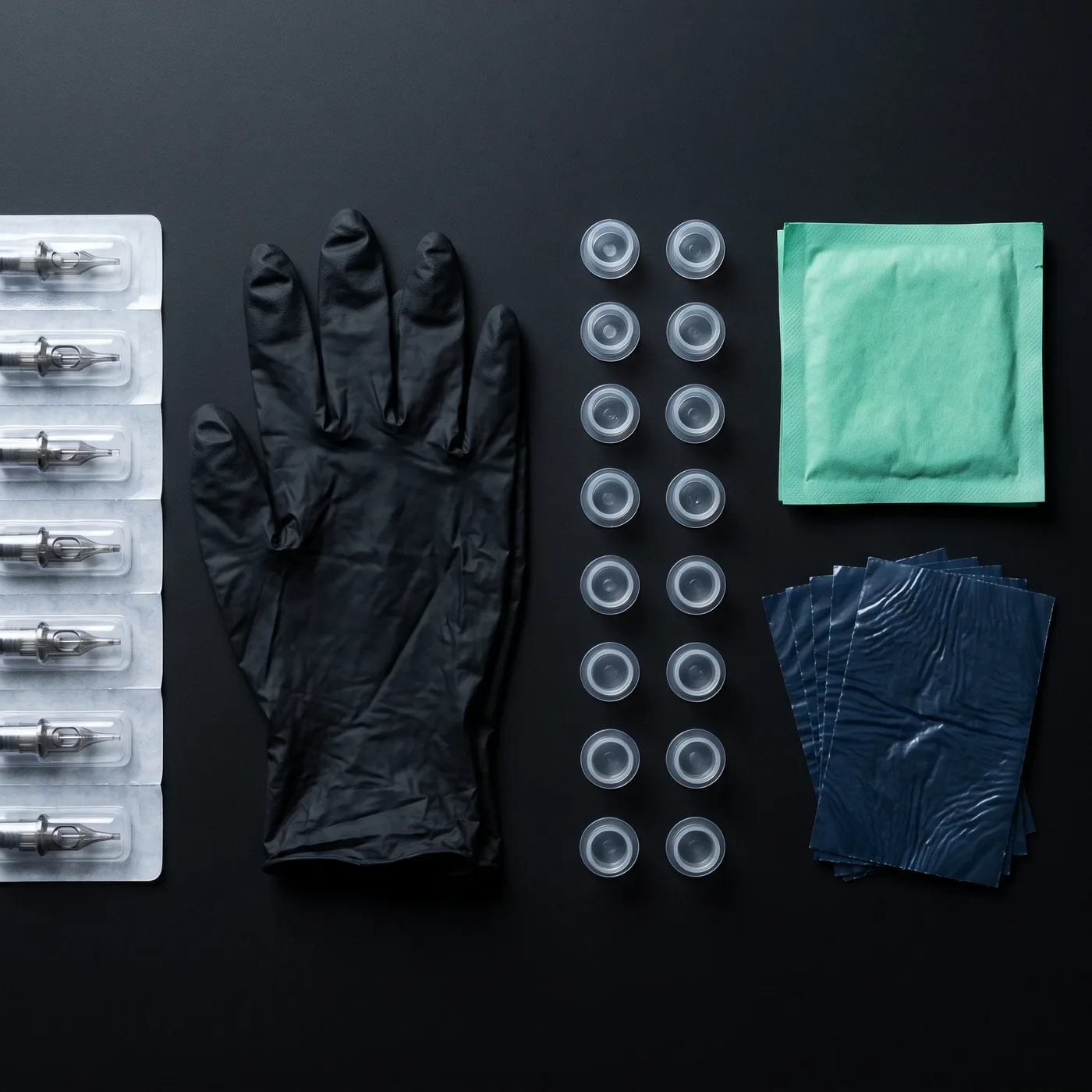 Sealed single-use needle cartridges, gloves and fresh ink caps laid out on black