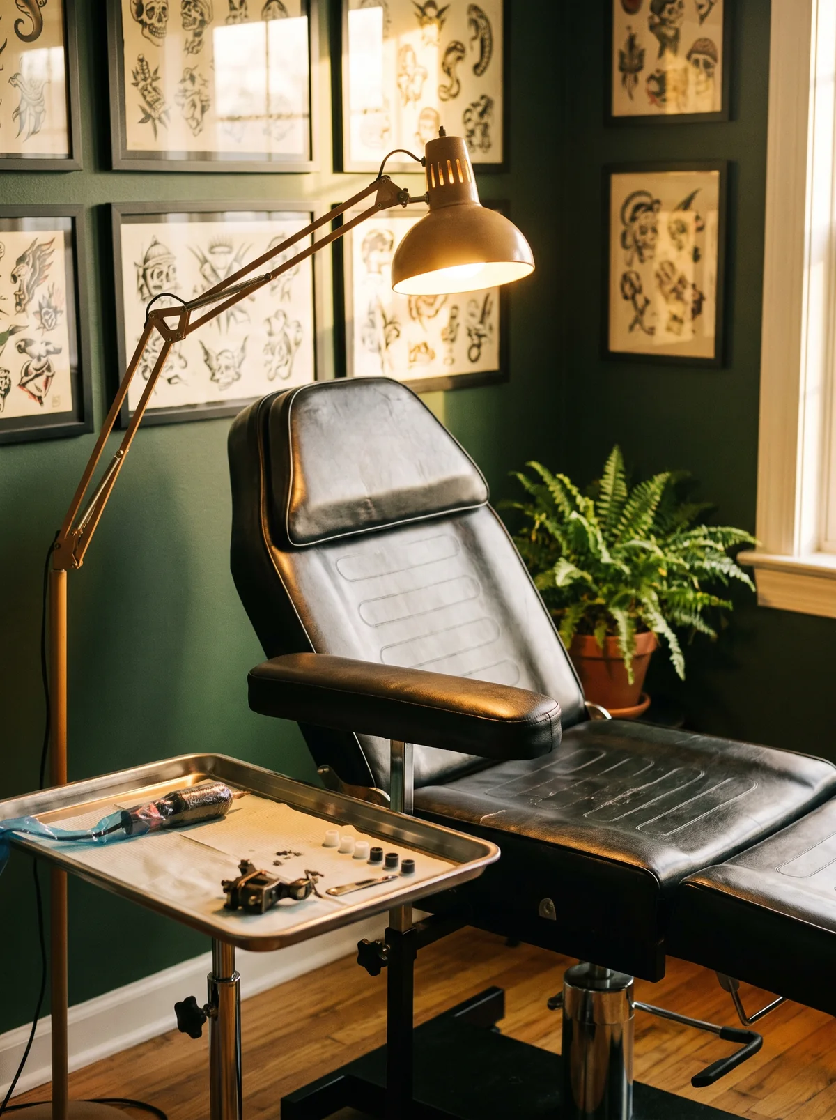 A tattoo station in the studio, chair and lamp beneath framed flash
