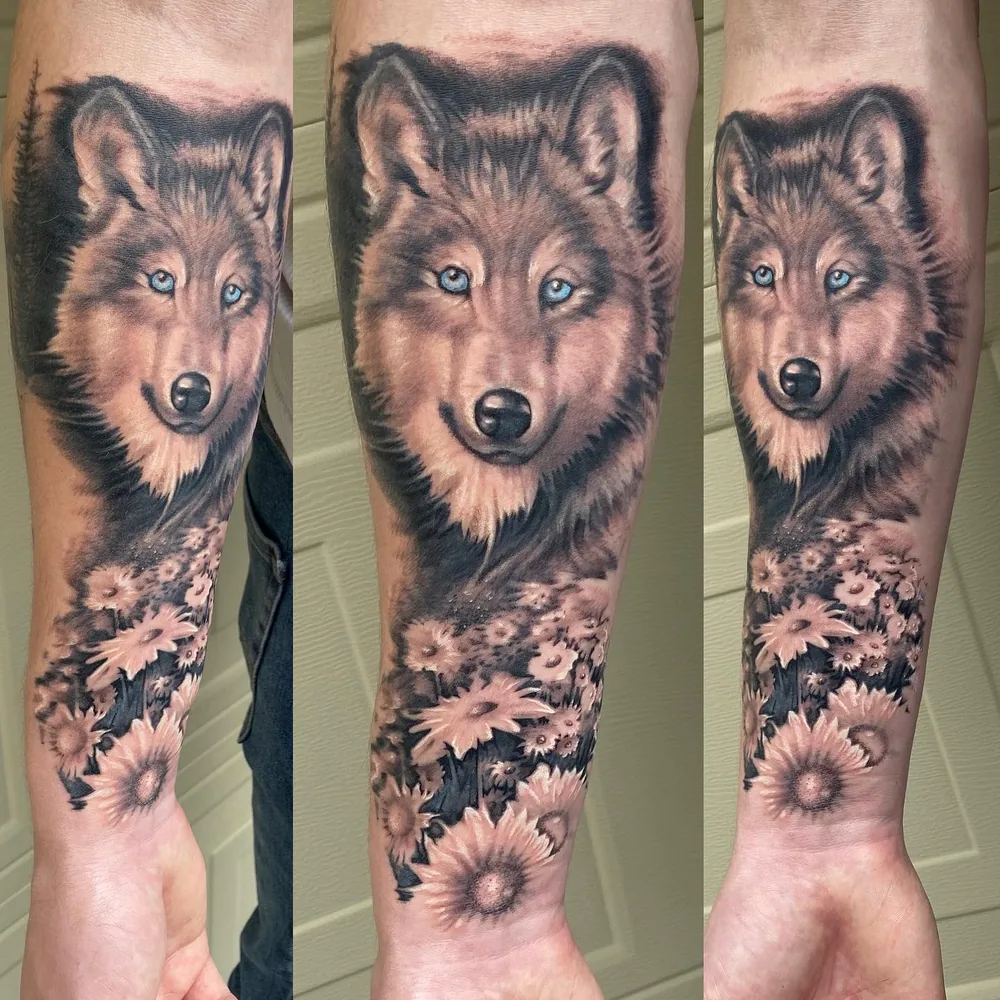 Wolf and wildflowers, black and grey forearm sleeve